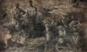 Pormenor de Síntese da História, pintura mural a carvão que Abel Salazar realizou em 1944 no antigo Café Rialto, no Porto